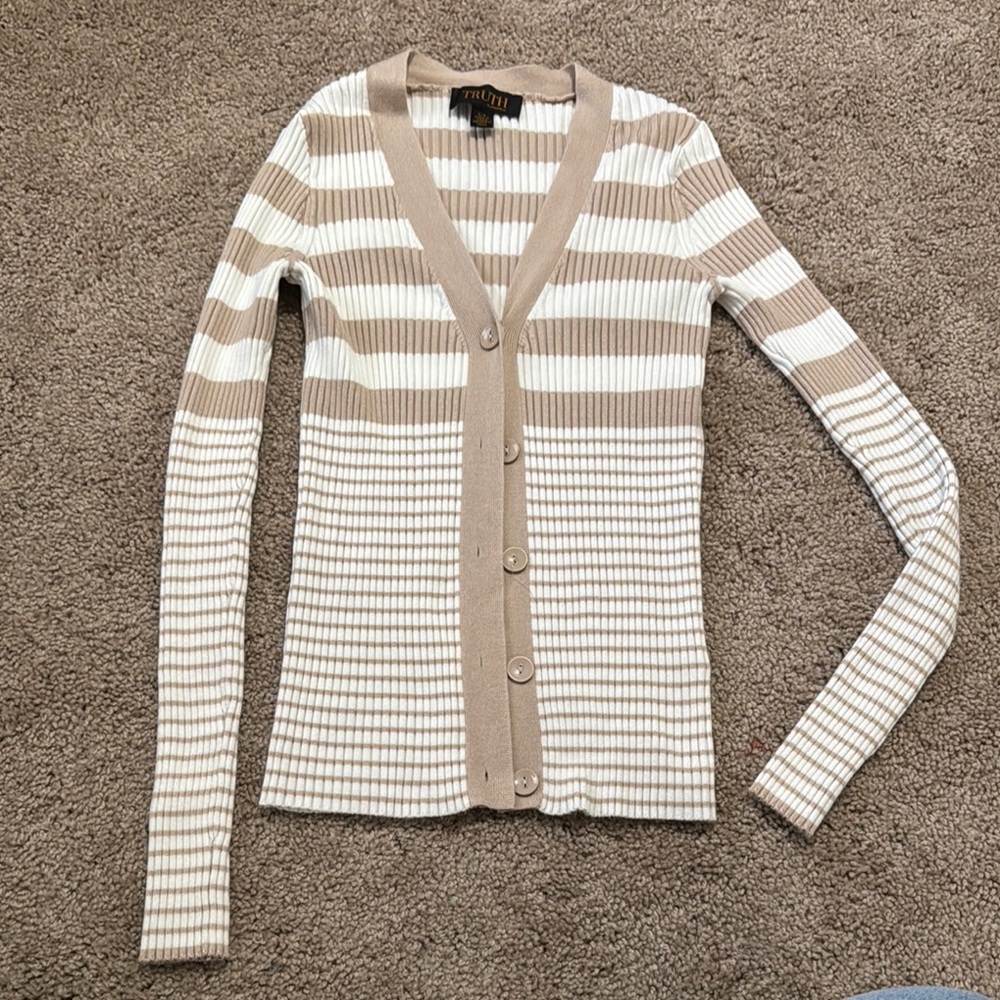 Truth by Republic Tan and White Striped Cardigan Sweater